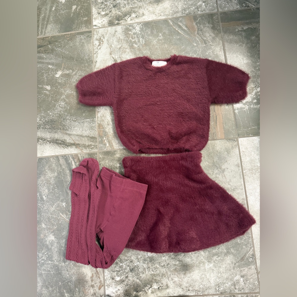 H&M Fuzzy Maroon Sweater & Skirt set with tights